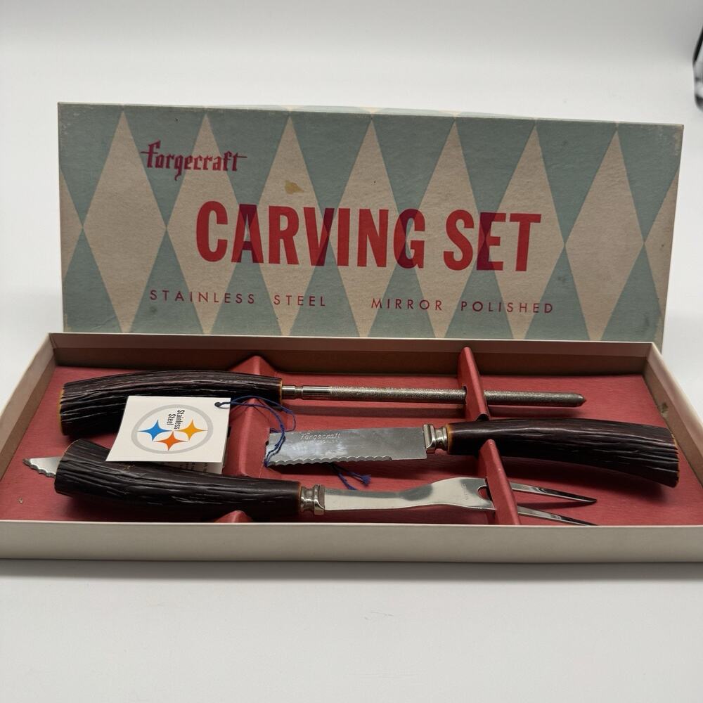 MCM Forgecraft USA Carving Set W/ Faux Stag Horn Handles Stainless Steel